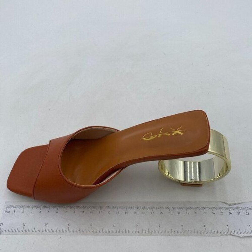 XYD Women Square Toe Slip On Heeled Mules Fashion Gold Ring Mid Heel